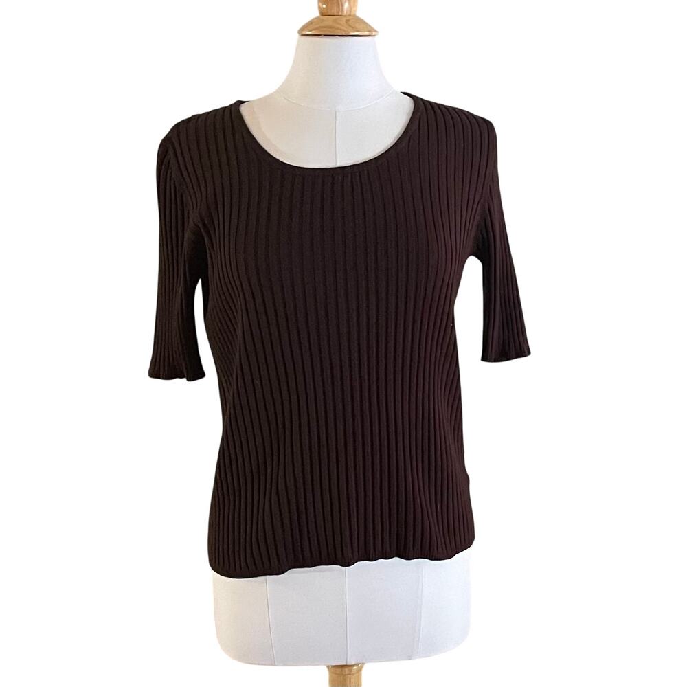 George Chocolate Brown Round Neck Short Sleeve Ribbed Knit Sweater Minimalist L